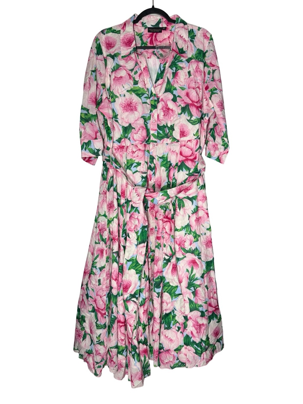 Carla Rockmore 2XP Floral Shirt Dress Cotton Belted Midi Pockets Pink Plus NWOT